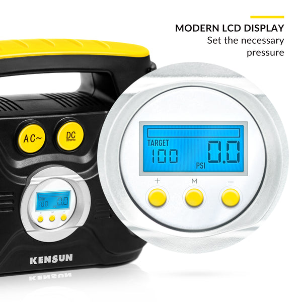 Kensun AC/DC Tire Inflator Pump for Car 12V DC and Home 110V AC AUTO SHUT-OFF DIGITAL GAUGE