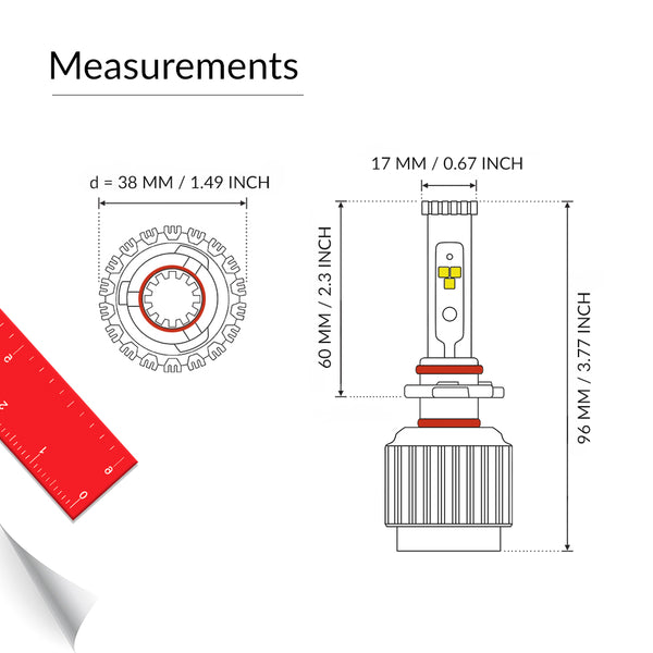 9006 LED headlight bulb measurement