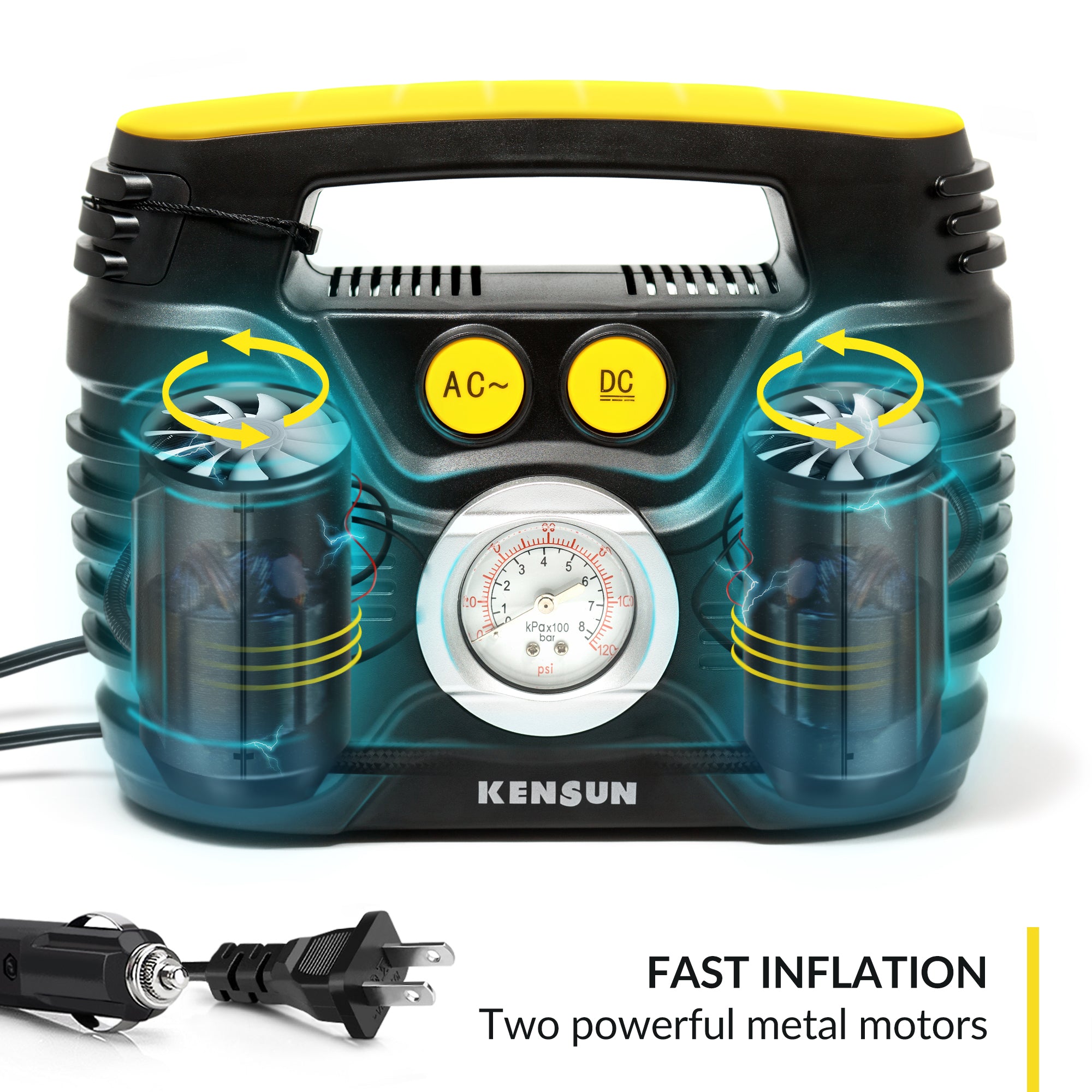 AC/DC acción rápida portatil compresor de aire inflador de neumáticos  Kensun con visualización digital para auto y casa (110 V) (12 V), 1 fl  oz/min.