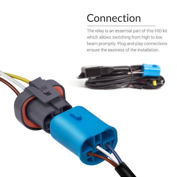Bi-xenon relay have OEM connectors that perfectly fit vehicle factory plugs